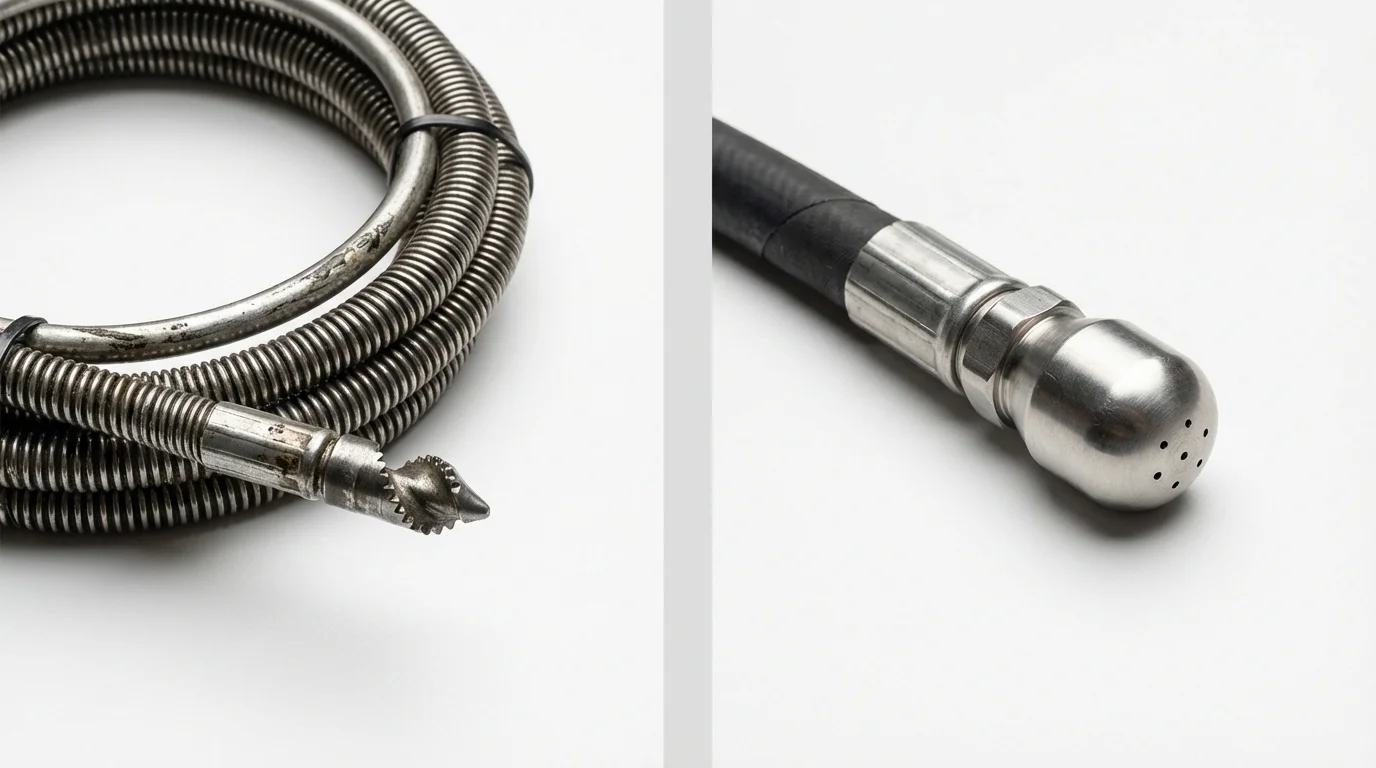 Drain snake cable and hydro jetting nozzle used for drain cleaning in Livonia, LA