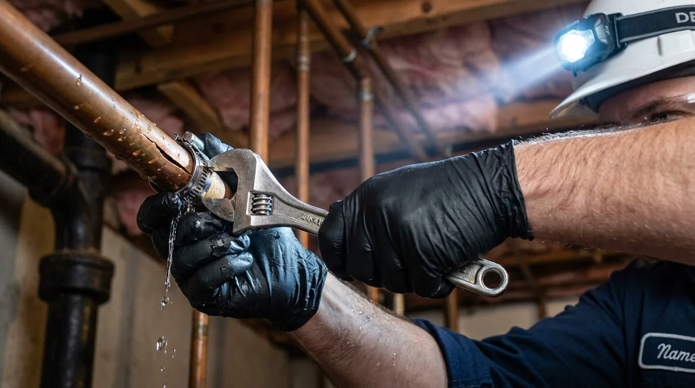 Emergency pipe clamp repair being performed by a Johns Plumbing LLC plumber in Livonia