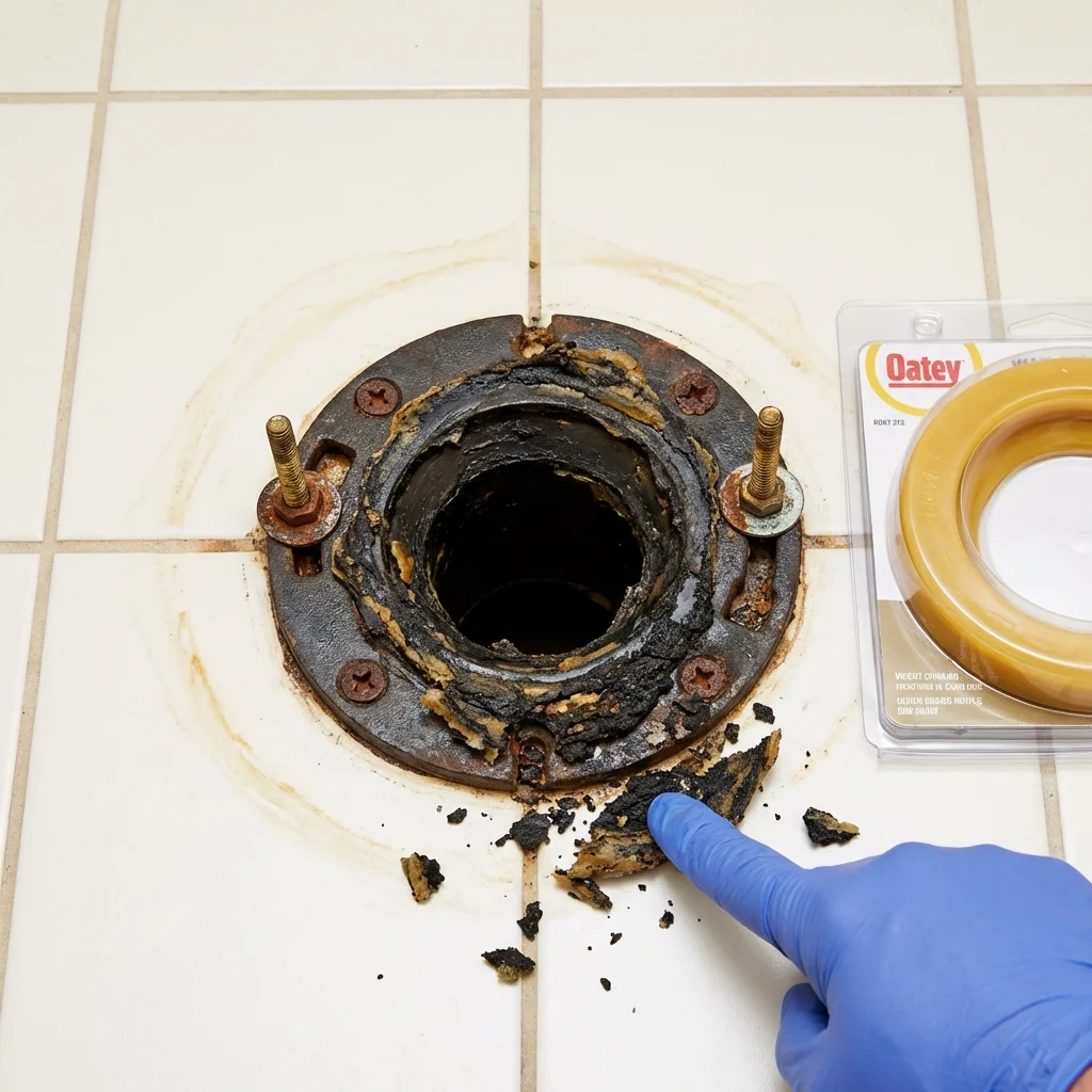 Failed wax ring showing water seepage at the base of a toilet in a Livonia, LA home