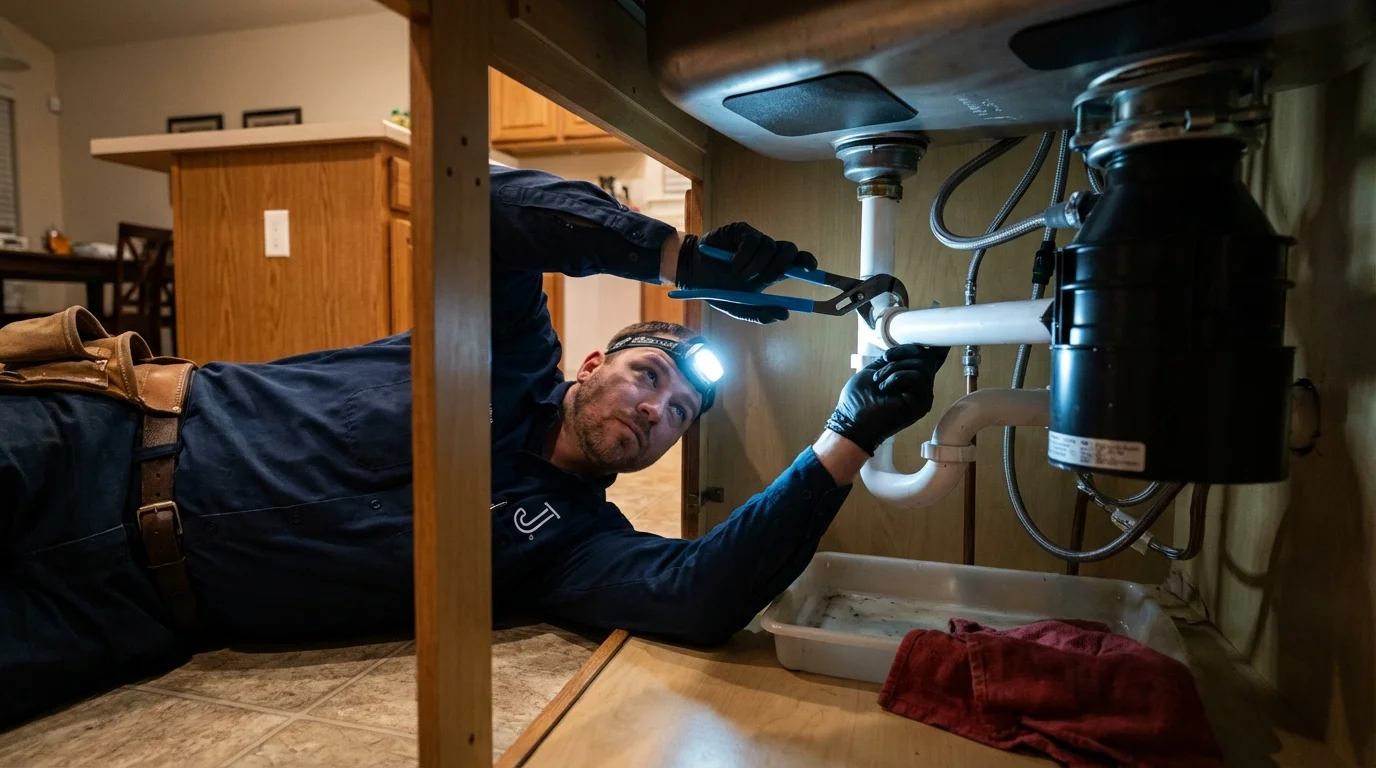 P-trap and supply line connections under a kitchen sink showing a common leak point in Livonia, LA